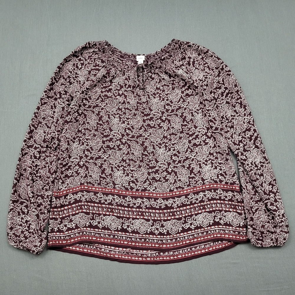 Gap Womens Small Burgundy Floral Paisley Peasant Blouse Long Sleeve Gathered Tie